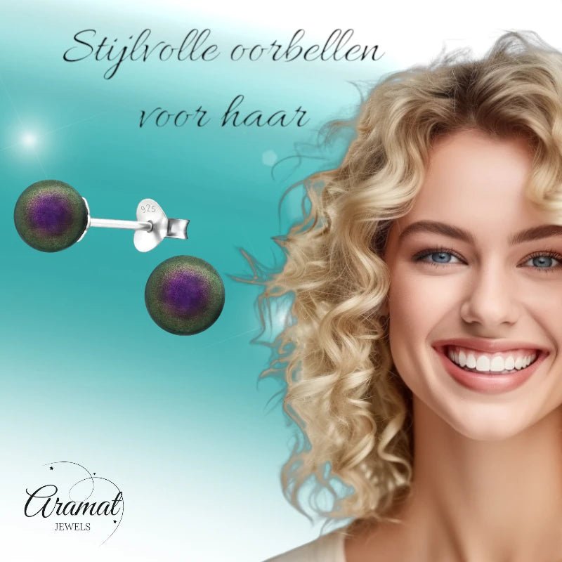 Zilveren Parel Oorbellen - Iriserend Paars - 6mm -