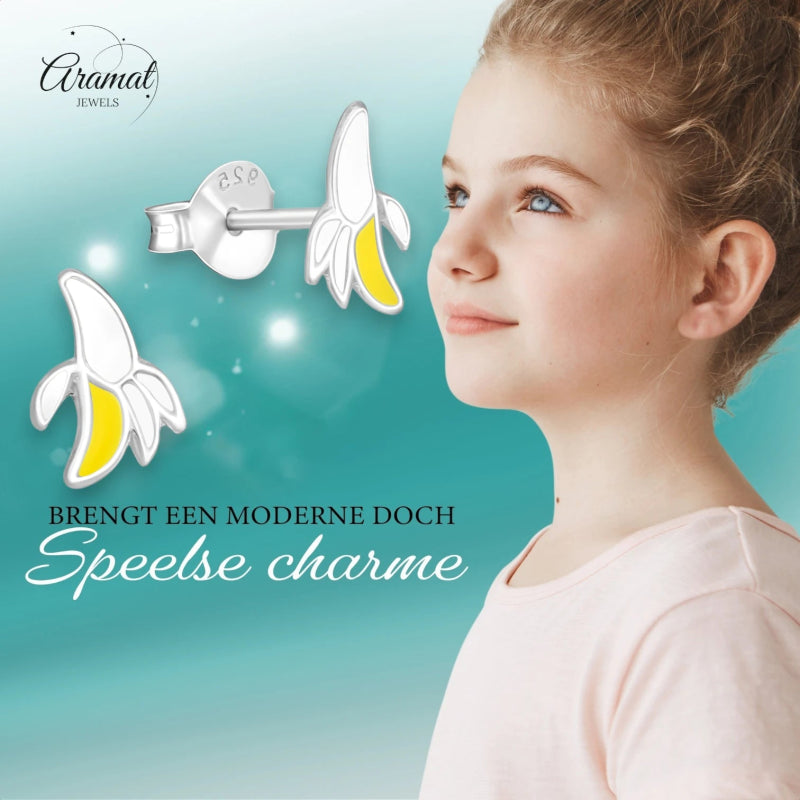 Zilveren kinder oorbellen met banaan -