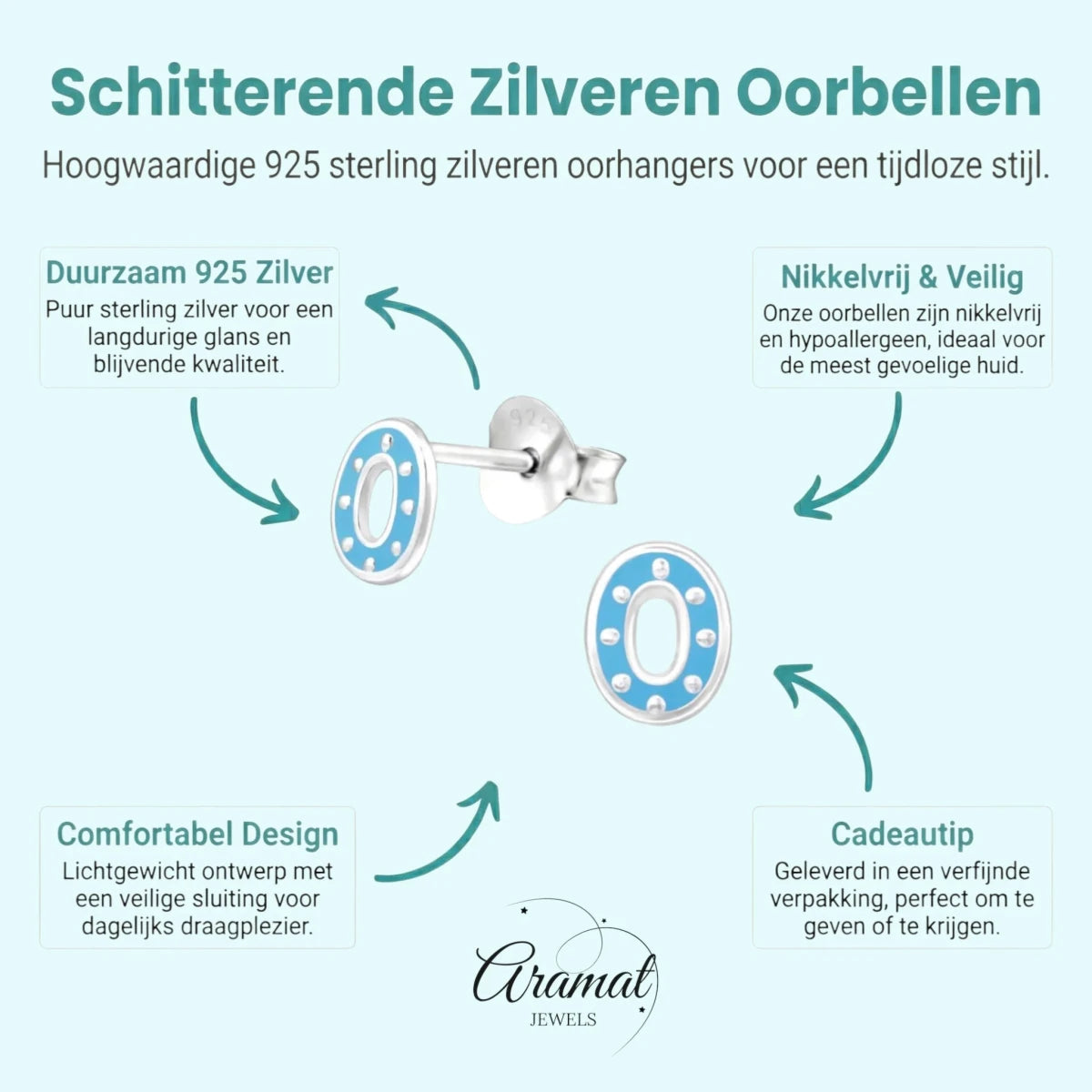 Zilveren oorbellen ovaal - blauw emaille -
