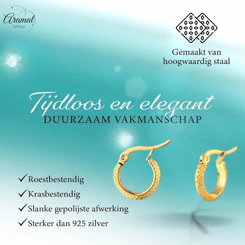 RVS Kleine Oorringen Goudkleur 10mm Ruitjes Motief - Trendy Hoepels - Amsterdam-10x3.5mm -