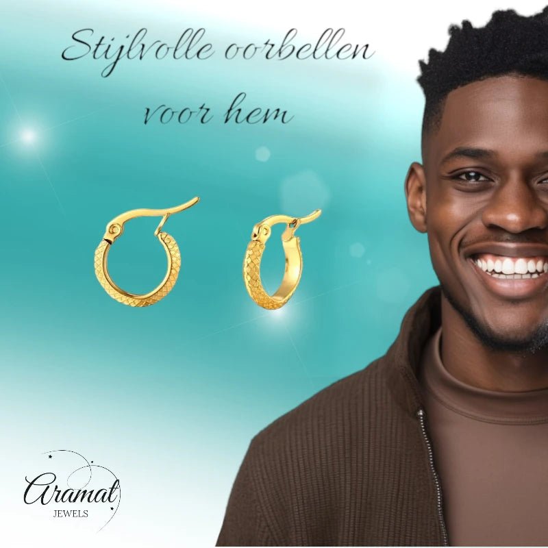 RVS Kleine Oorringen Goudkleur 10mm Ruitjes Motief - Trendy Hoepels - Amsterdam-10x3.5mm -