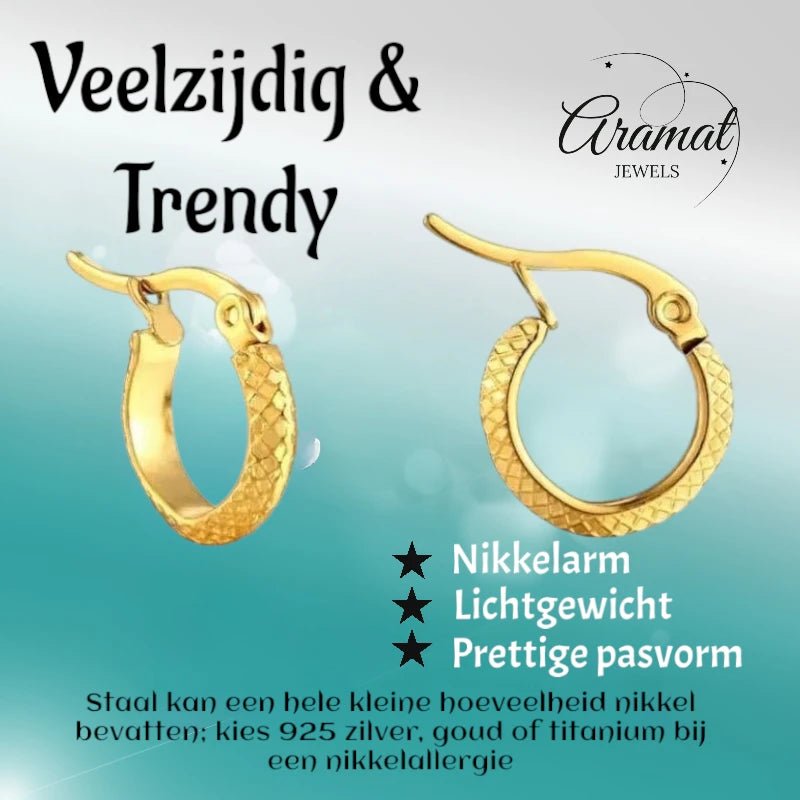 RVS Kleine Oorringen Goudkleur 10mm Ruitjes Motief - Trendy Hoepels - Amsterdam-10x3.5mm -