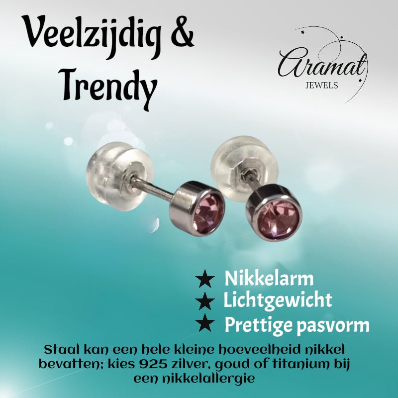 Oorknopjes &acirc;&euro;&ldquo; RVS 4mm met Roze Zirkonia -