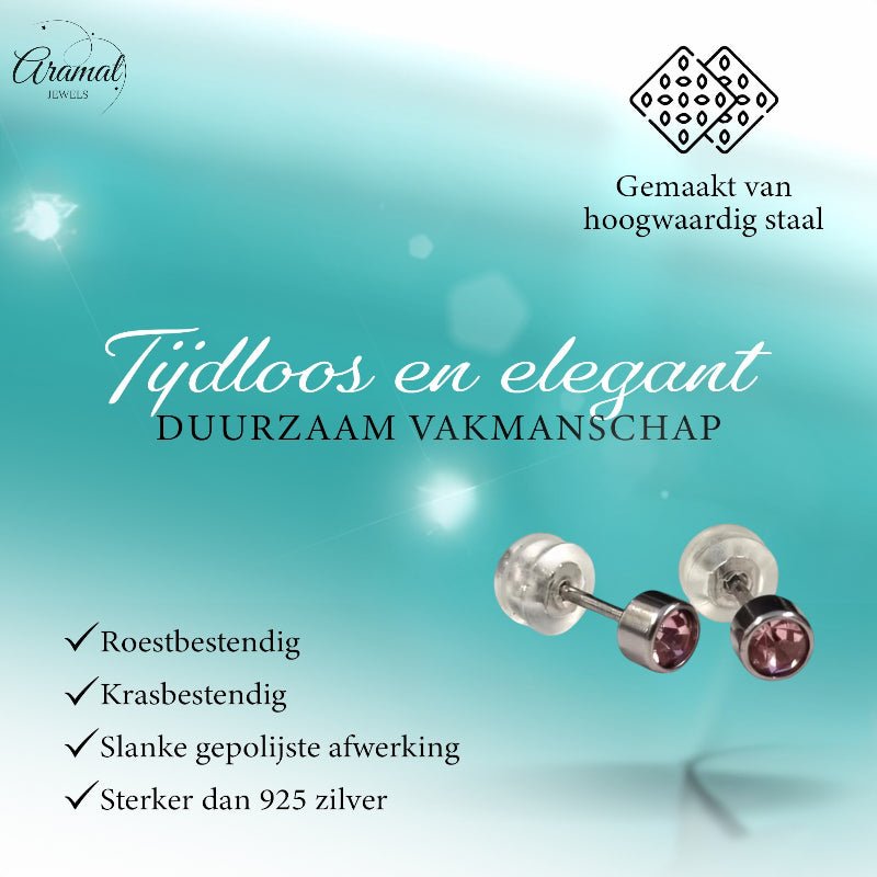 Oorknopjes &acirc;&euro;&ldquo; RVS 4mm met Roze Zirkonia -