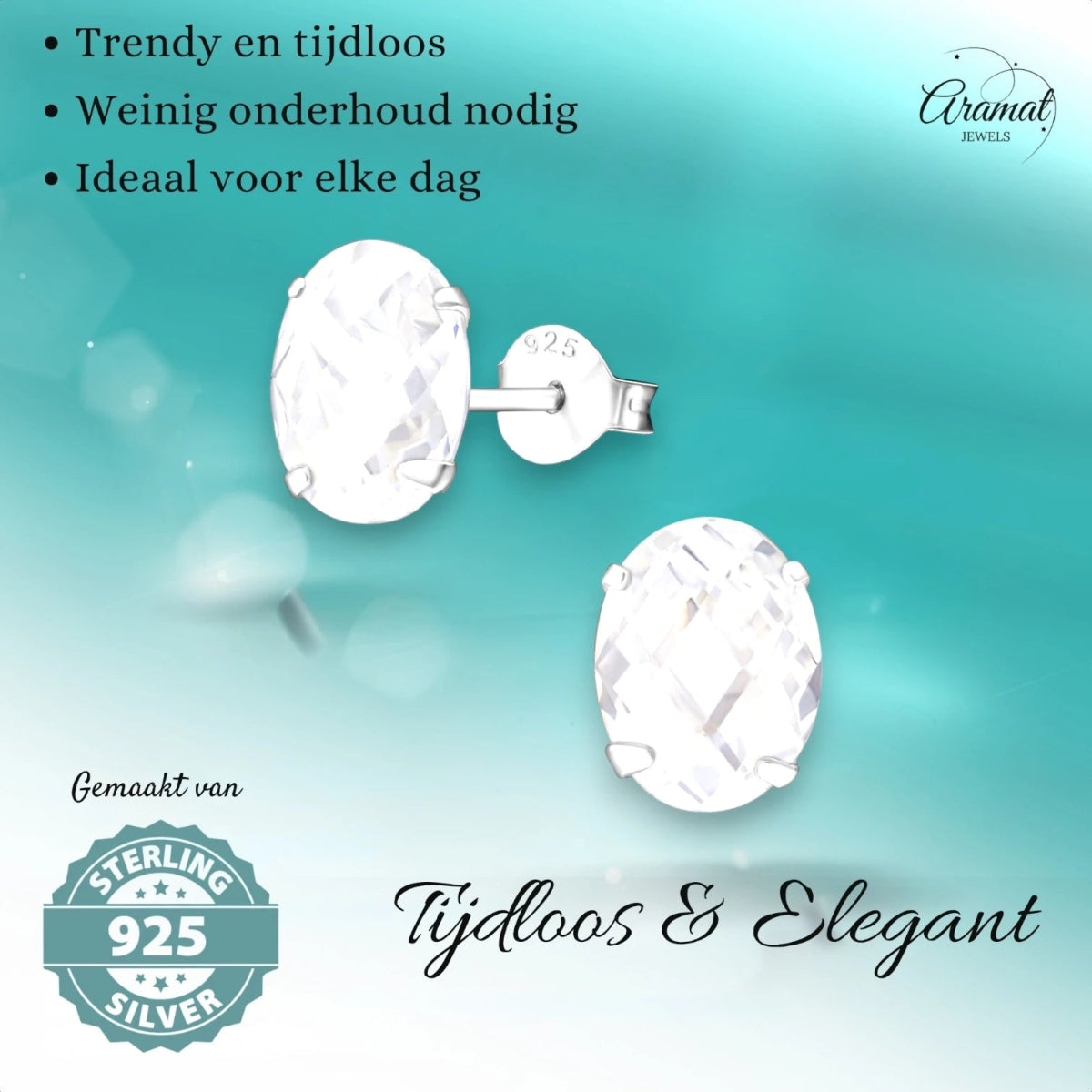Zilveren Ovale Oorstekers met Zirkonia | 9mm -