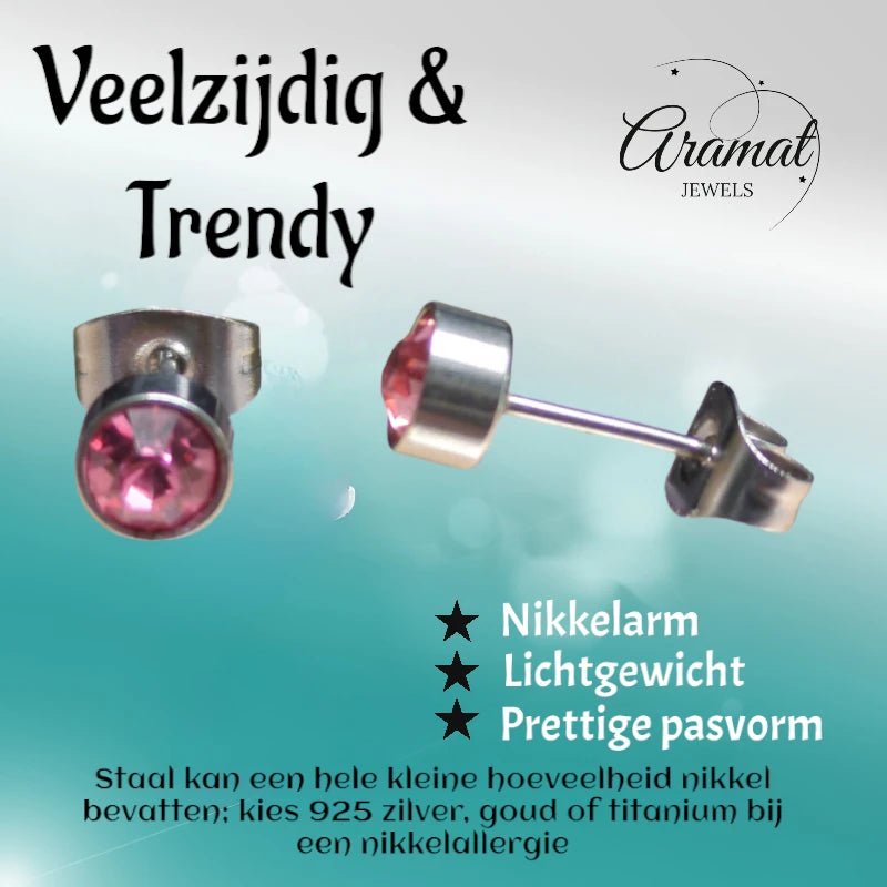Stalen Oorbellen Lichtroze Zirkonia &acirc;&euro;&ldquo; 5mm - Heren