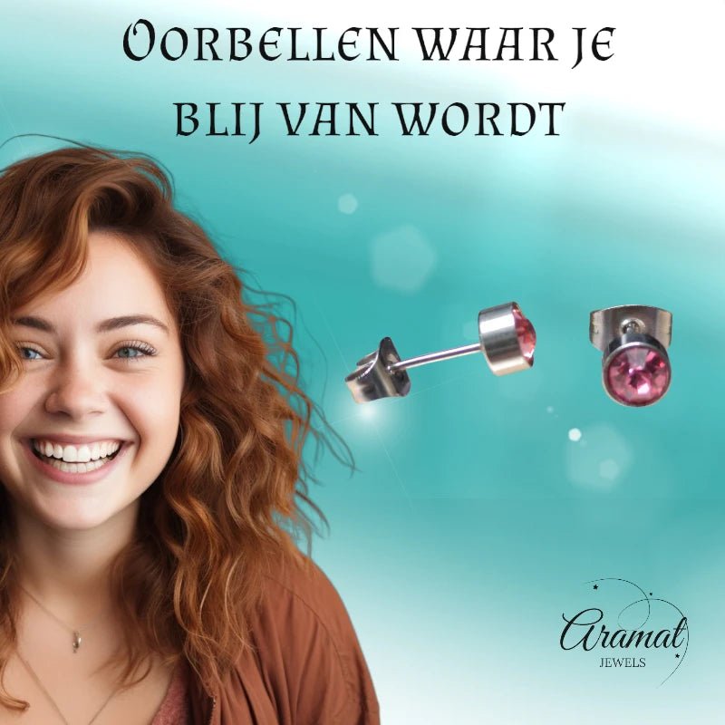 Stalen Oorbellen Lichtroze Zirkonia &acirc;&euro;&ldquo; 5mm - Heren