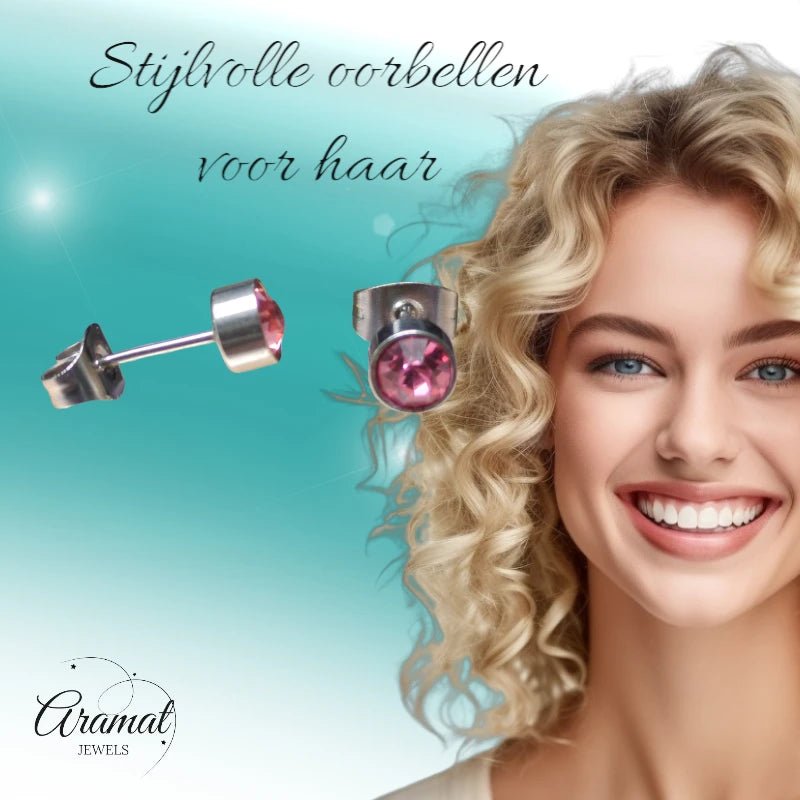 Stalen Oorbellen Lichtroze Zirkonia &acirc;&euro;&ldquo; 5mm - Heren