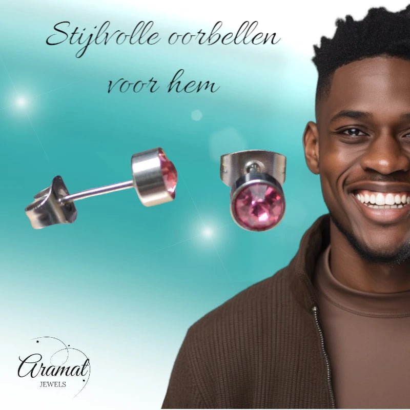 Stalen Oorbellen Lichtroze Zirkonia &acirc;&euro;&ldquo; 5mm - Heren