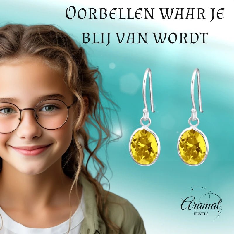 Zilveren Kinder Oorhangers Ovaal | Geel -