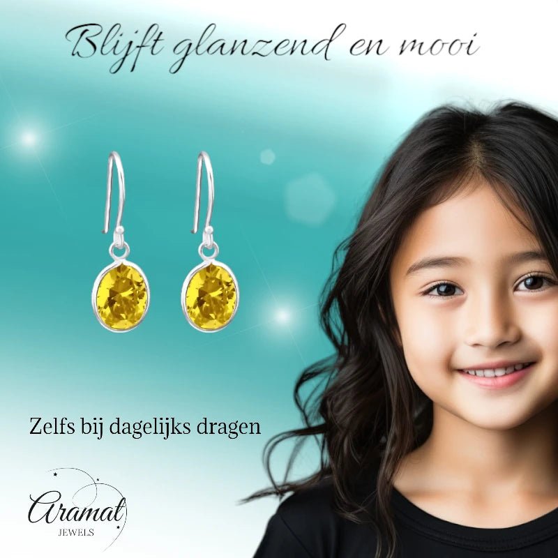 Zilveren Kinder Oorhangers Ovaal | Geel -