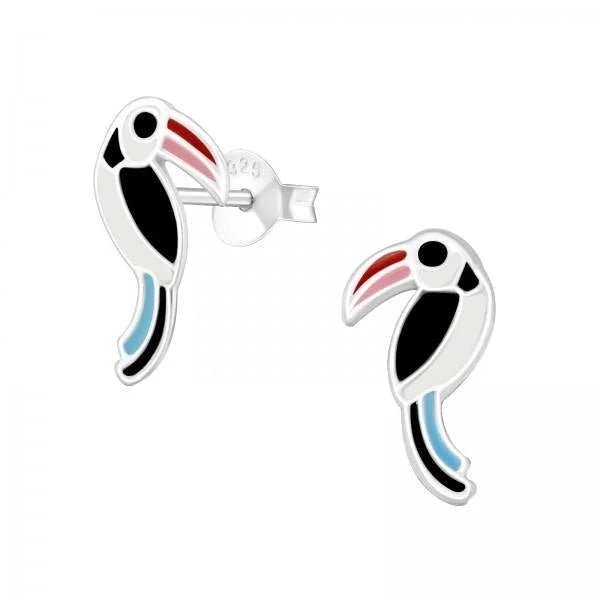 Zilveren Vogel Oorbellen emaille - Toekan-12x6mm -