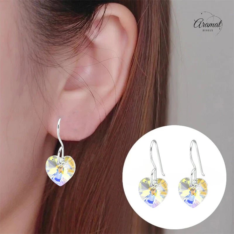 Zilveren Oorhangers Hart met Kristal | 10mm | AB Transparant -