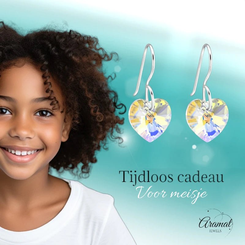 Zilveren Oorhangers Hart met Kristal | 10mm | AB Transparant -