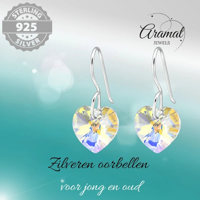 Zilveren Oorhangers Hart met Kristal | 10mm | AB Transparant -