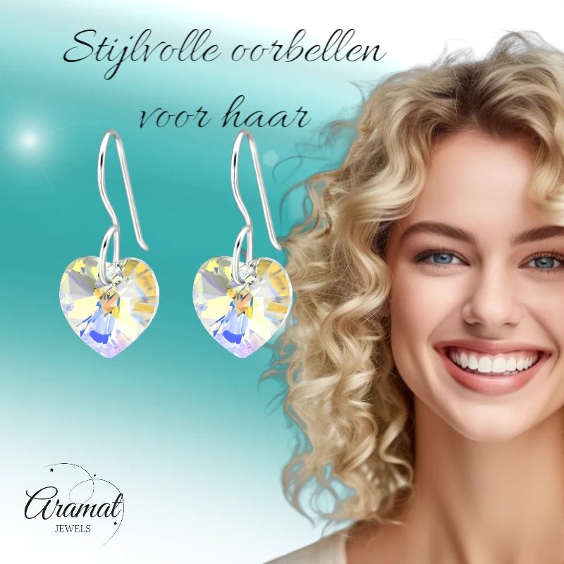 Zilveren Oorhangers Hart met Kristal | 10mm | AB Transparant -