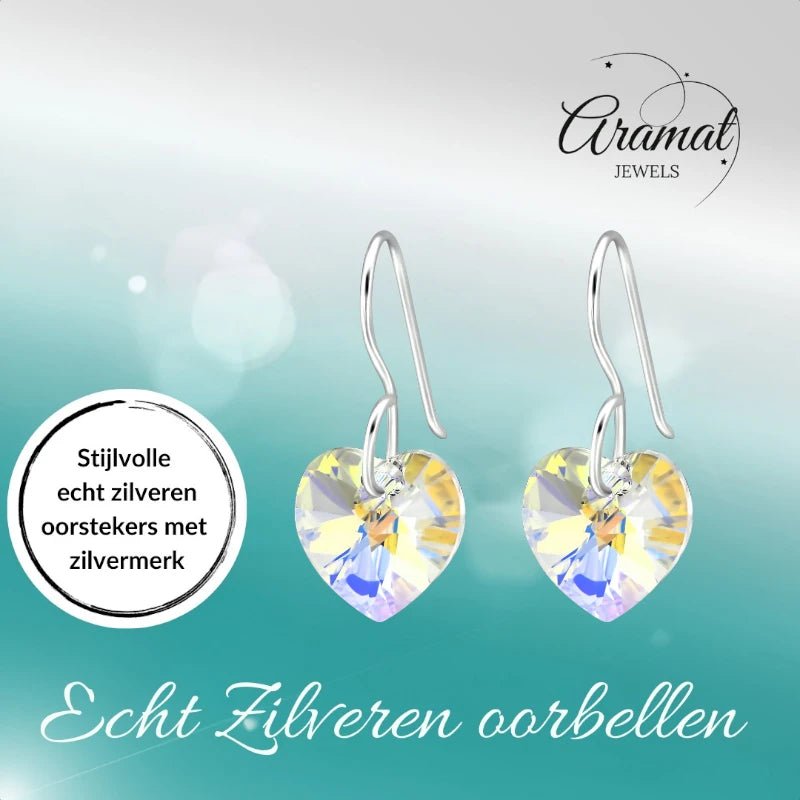 Zilveren Oorhangers Hart met Kristal | 10mm | AB Transparant -
