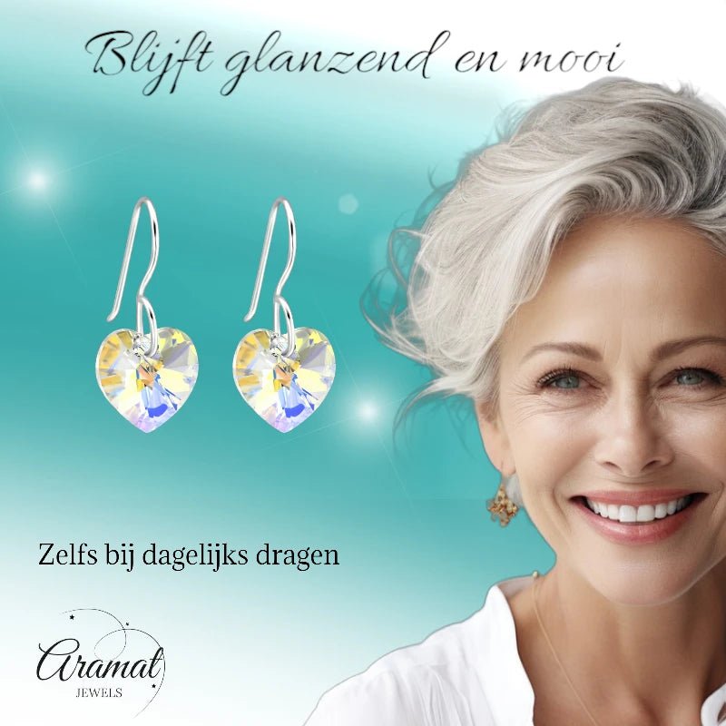 Zilveren Oorhangers Hart met Kristal | 10mm | AB Transparant -