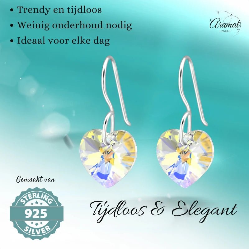 Zilveren Oorhangers Hart met Kristal | 10mm | AB Transparant -