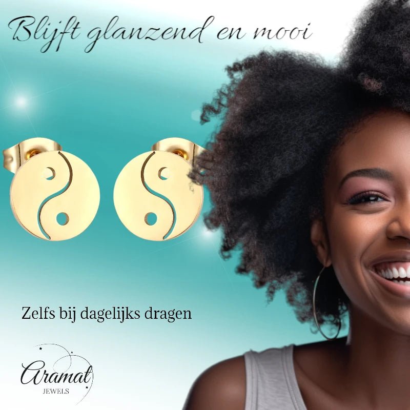 Goudkleurige Ying-Yang Oorbellen | RVS 10mm -