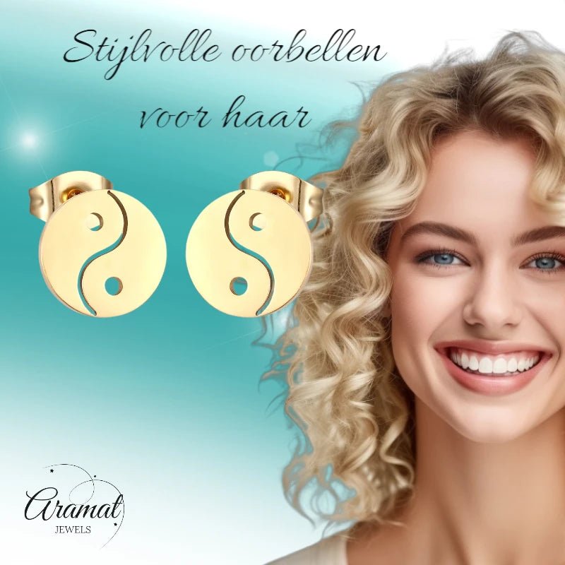 Goudkleurige Ying-Yang Oorbellen | RVS 10mm -