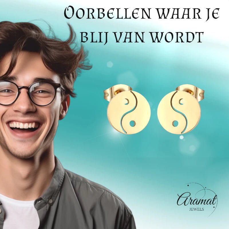 Goudkleurige Ying-Yang Oorbellen | RVS 10mm -