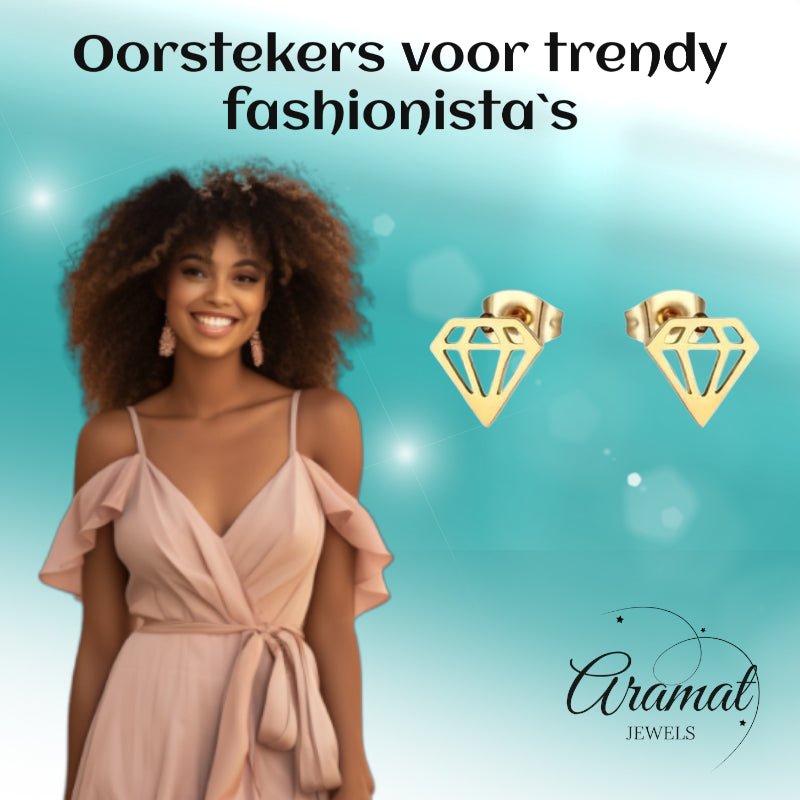 Oorbellen &acirc;&euro;&ldquo; Staal Diamant Vorm Kristal Goudkleurig (9mm) -