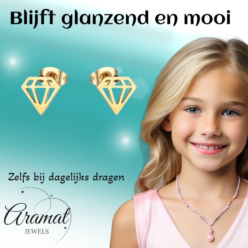 Oorbellen &acirc;&euro;&ldquo; Staal Diamant Vorm Kristal Goudkleurig (9mm) -