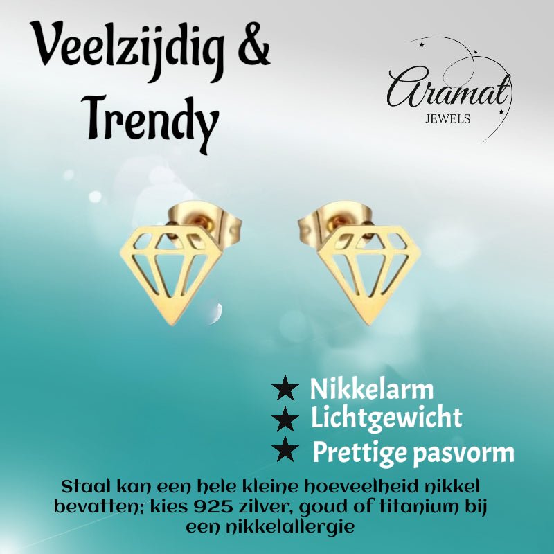 Oorbellen &acirc;&euro;&ldquo; Staal Diamant Vorm Kristal Goudkleurig (9mm) -