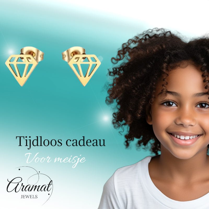 Oorbellen &acirc;&euro;&ldquo; Staal Diamant Vorm Kristal Goudkleurig (9mm) -