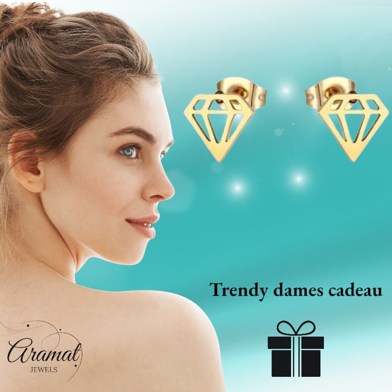 Oorbellen &acirc;&euro;&ldquo; Staal Diamant Vorm Kristal Goudkleurig (9mm) -