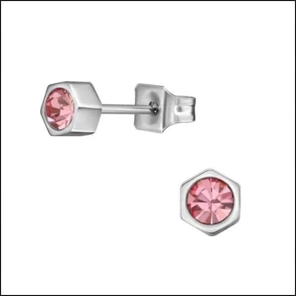 RVS Zeshoek Oorbellen met Kristal 3-6mm - Geometrische Studs - Zilverkleur / 4mm / Roze -