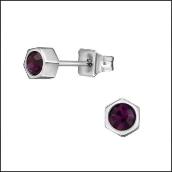 RVS Zeshoek Oorbellen met Kristal 3-6mm - Geometrische Studs - Zilverkleur / 4mm / Paars -