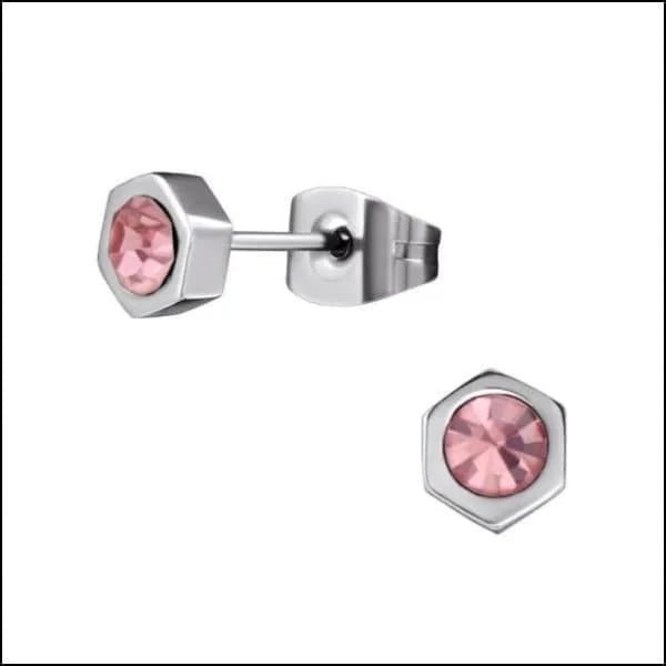 RVS Zeshoek Oorbellen met Kristal 3-6mm - Geometrische Studs - Zilverkleur / 5mm / Lila -