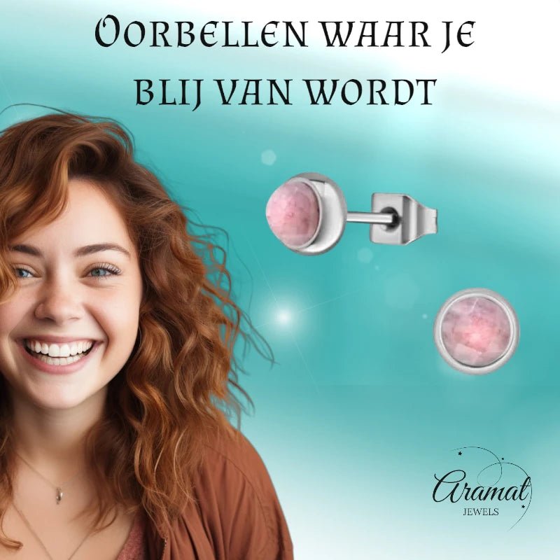 Roze Aardbeienkwarts Oorbellen - Staal - 5mm -