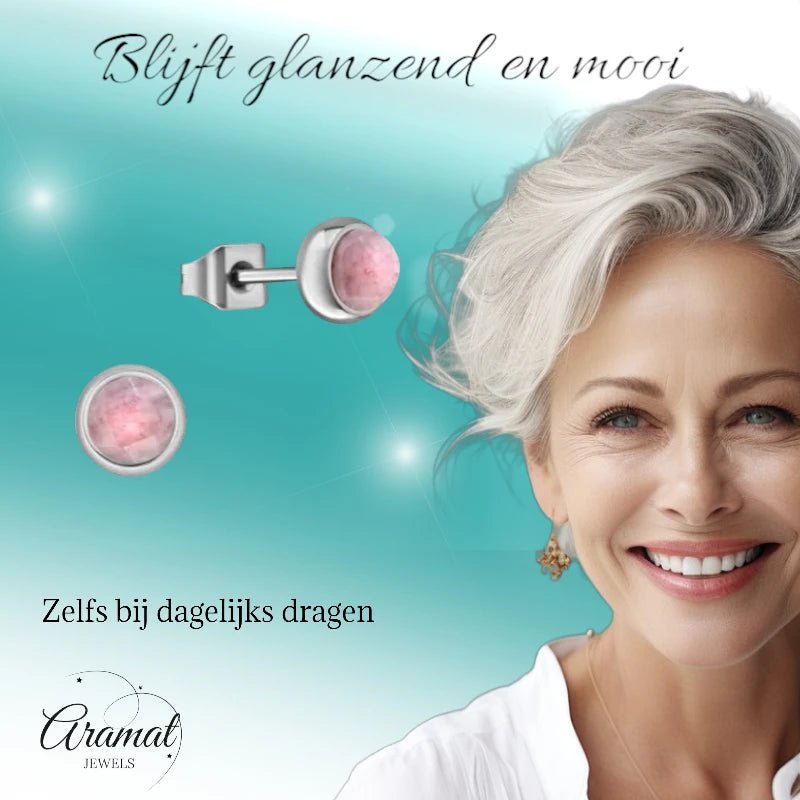 Roze Aardbeienkwarts Oorbellen - Staal - 5mm -