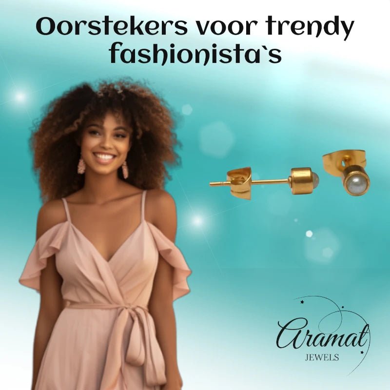 Oorstekers &acirc;&euro;&ldquo; Staal Parel Lichtgroen Goudkleurig (4mm) -
