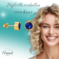 Goudkleurige oorbellen met donkerblauwe zirkonia &acirc;&euro;&ldquo; 7 mm -