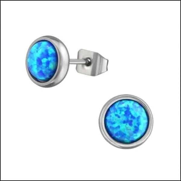 RVS Opaal Oorbellen - Synthetische Opaal Studs - Zilverkleur / 8mm / Blauw -