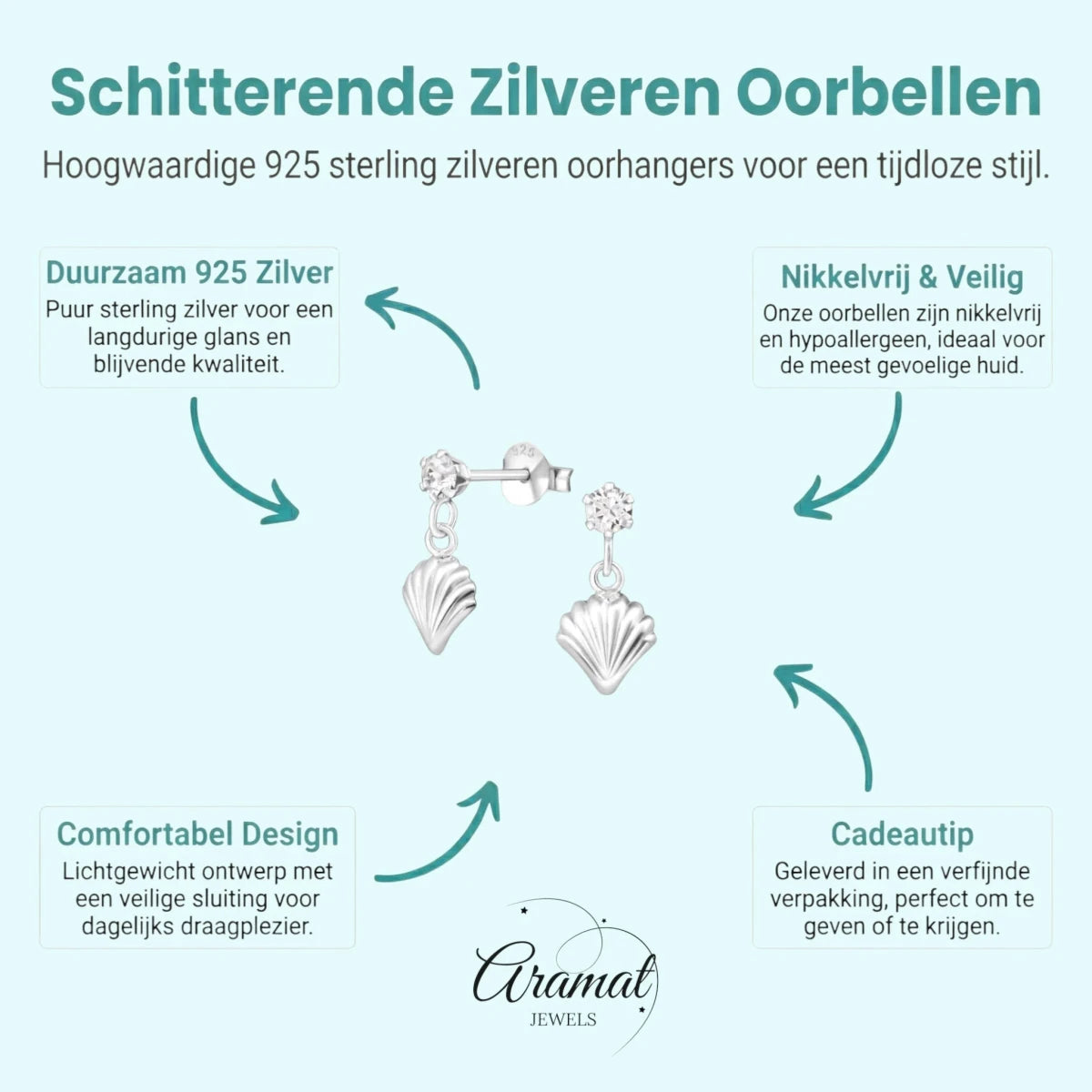 Zilveren Kristal Oorbellen met Schelp Hanger -