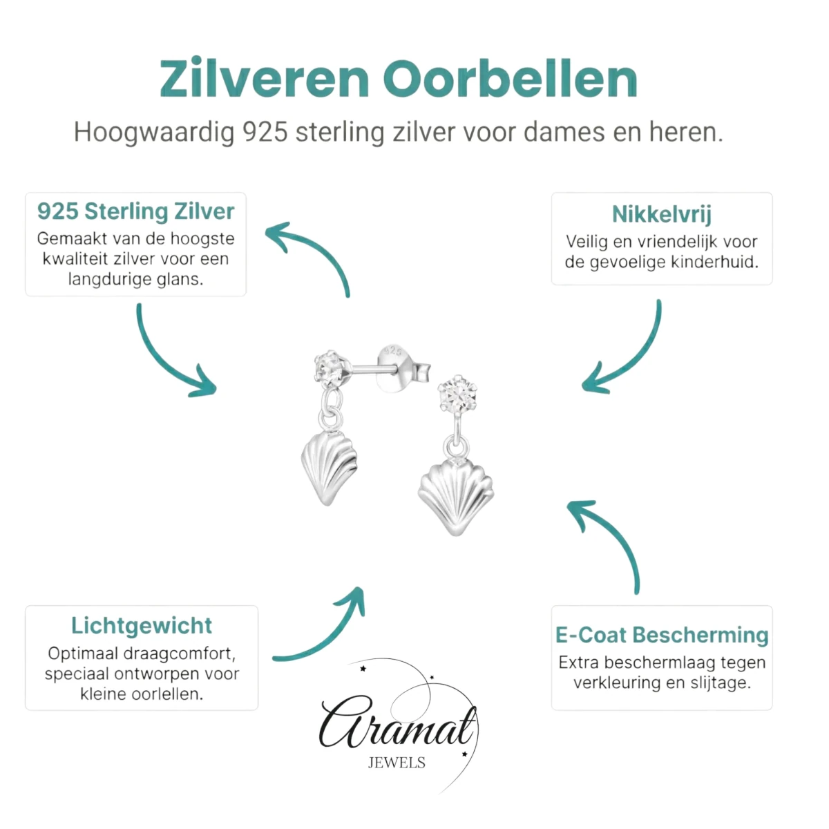 Zilveren Kristal Oorbellen met Schelp Hanger -