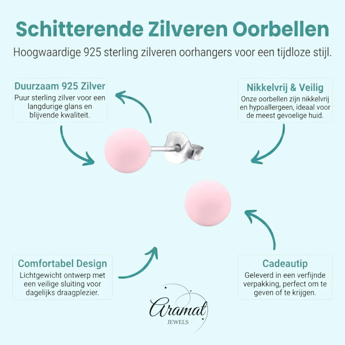 Zilveren Parel Oorbellen - Mat Poeder Roze - 8mm -