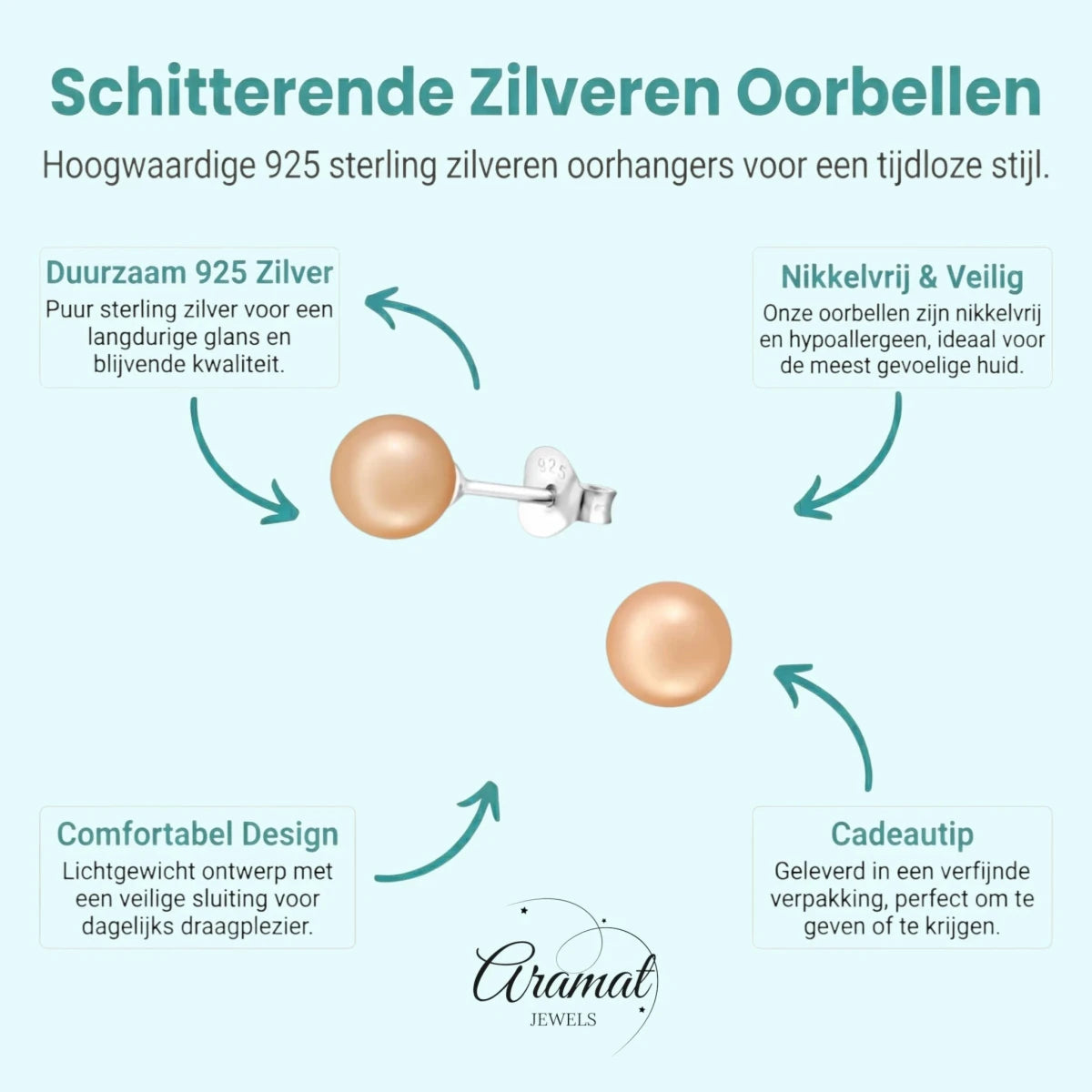 Zilveren Pareloorbellen - Licht Zalmkleurig - 6mm -