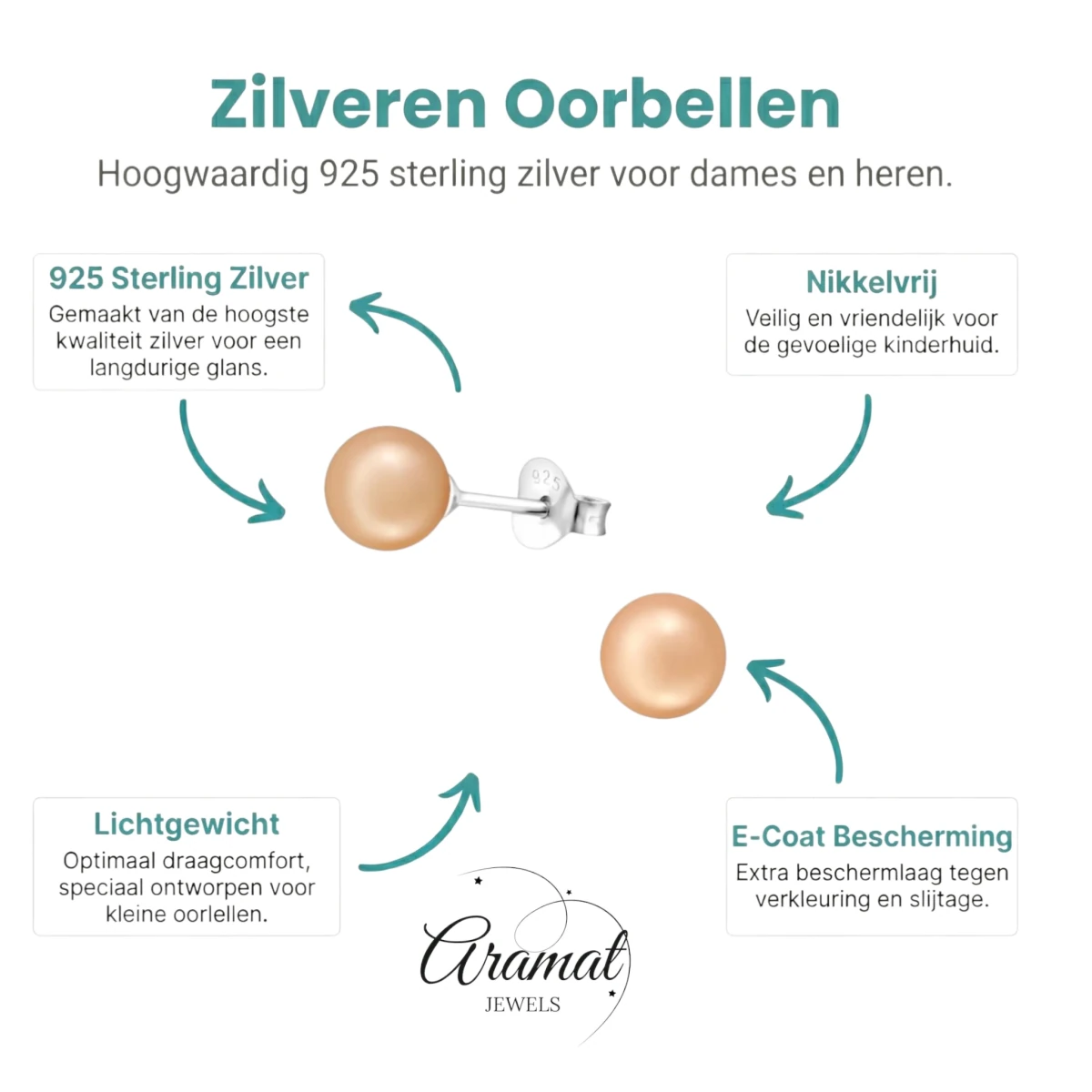 Zilveren Pareloorbellen - Licht Zalmkleurig - 6mm -