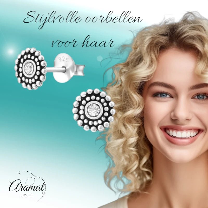 Zilveren Bali Oorbellen met Kristal &acirc;&euro;&ldquo; 6mm -
