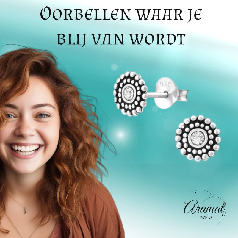 Zilveren Bali Oorbellen met Kristal &acirc;&euro;&ldquo; 6mm -