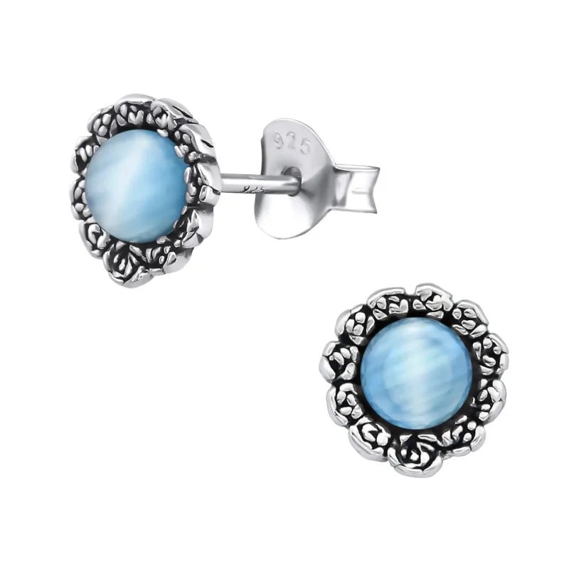 Zilveren Bloem Oorbellen met Kattenoog blauw - Blauw -