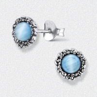 Zilveren Bloem Oorbellen met Kattenoog blauw - Blauw -