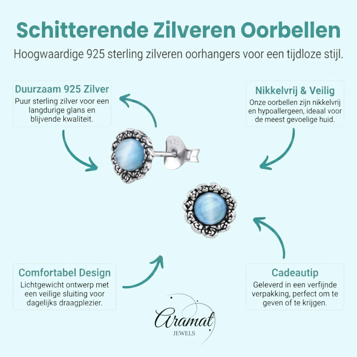 Zilveren Bloem Oorbellen met Kattenoog blauw - Blauw -