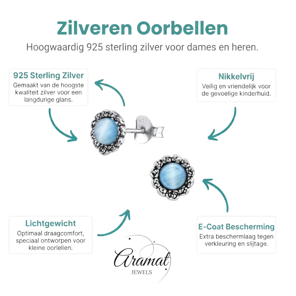 Zilveren Bloem Oorbellen met Kattenoog blauw - Blauw -